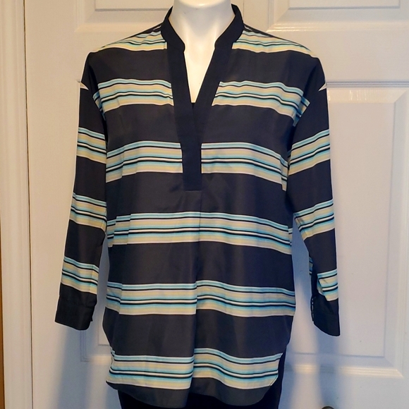 GAP Designed & Crafted Split Neck Women's Charcoal Striped Long Sleeve - Small - Picture 1 of 8